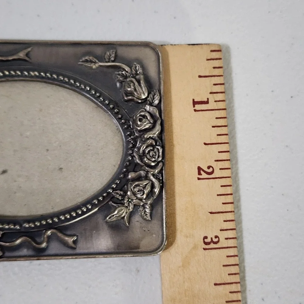 Vintage Ornate Pewter Tone Miniature Rose Picture Frame Oval Opening 3.25x2.5